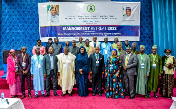 WhatsApp Image 2022-08-25 at 8.31.27 PM (1) Front-Row) (6th Left) The Honourable Minster, Federal Ministry of Humanitarian Affairs, Disaster Management and Social Development, Sadiya Umar Farouq, (5th Left) The Permanent Secretary of the Ministry, Dr Nasir Sani- Gwarzo, mni, NPOM, (4th Left) Executive Secretary, National Commision for Persons with Disabilities, James Lalu, (6th Right) Director PRS FMHADMSD, Rapheal Obi, and other Directors of the Ministry and Heads of Agencies in a group photograph, during the opening ceremony of the 2-Day Management Retreat 2022, organized by the Ministry on the 25th of August, 2022, in Abuja.