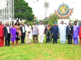 Hon. Minister of Science, Technology and Innovation, Dr. (Sen.) Adeleke Olorunnimbe Mamora (5th right), Director Chemical Technology Department, Federal Ministry of Science, Technology and Innovation, Mr. M.E.J BASSEY (4th right), Director-General, Federal Institute of Industrial Research Oshodi (FIIRO), Dr. (Mrs) Jummai Tutuwa Adamu (6th right), representative of FIIRO Board Chairman, Hon. Ajayi Nichoas (7th right), Director Finance and Account FIIRO, Mr. Oderinde Joshua Okeowo (3rd right), Director Chemical, Fibre and Environmental Technology Department FIIRO, Dr. Chima Igwe (2nd right), Director Biotechnology FIIRO, Dr. Lawal Kolawole (6th left), Director Planning FIIRO, Dr. (Mrs.) Bolanle Oyedoyin (3rd left), and Mr. Edike Ike Adoh-Ogbuta FIIRO Board Member (7th left), Deputy Director Press and Public Relation, Federal Ministry of Science, Technology and Innovation, Mr. Atuora O. Obed (left), and other Management Staff of FIIRO in a group photograph during the Official Visit of the Hon. Minister to the Institute today in Lagos