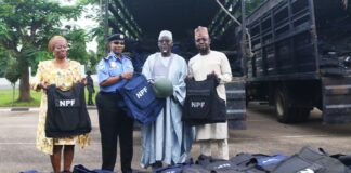 Director General Services (MPA), Mrs. Edemanya Ibilola Brayila, Inspector General of Police, IGP Alkali Usman Baba, Minister of Police Affairs, Dr. Mohammad Maigari Dingyadi, and Permanent Secretary, Temitope Fashedemi during The handing over was performed at the Nigeria |Police Force Headquarters, Louise Edet House, Abuja