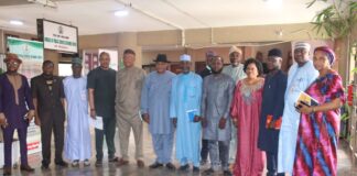Dr Famous Eseduwo;, Director Overseeing the Office of the Permanent Secretary EPO (M), Mr Clinton Igwe; Director Pollution Control, EPO (5th L), Engr Tony Iwere; Director II Drought Decertification and Coastal Zone Management EPO (4th L), Mr Mohammed Abdullahi; Director Procurement, EPO (3rd R,) Mrs Esther Kolade; Director II, Pollution Control, EPO (4th R) Mr Abdullahi Adamu Usur; Deputy Director, Research and Forecasting, NEMA (6th R), other Management staff of EPO and Officers of NEMA