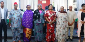 L-R: Mr. Udoidiong Victor (Resource Person) Director (Human Resource Management) Chief Iche Kalu; Director (Reforms), Mrs. Maryam Dalhatu Abdulmalik; Director Operations (SERVICOM), Dr. Jumai Abdullahi; Director (General Services), Mrs. Edemanya Ibilola Brayila; Director (Police Inspectorate), Mary Akpan; Mr. Udum Isioma (Resource Person) Director (Planning Research and Statistics), Mrs. Margaret Azeez and participants during the Sensitization Workshop on Effective Service Delivery, Organised by the Federal Ministry of Police Affairs for Officers on Grade Level 07-14, at the SGF Conference room, Abuja