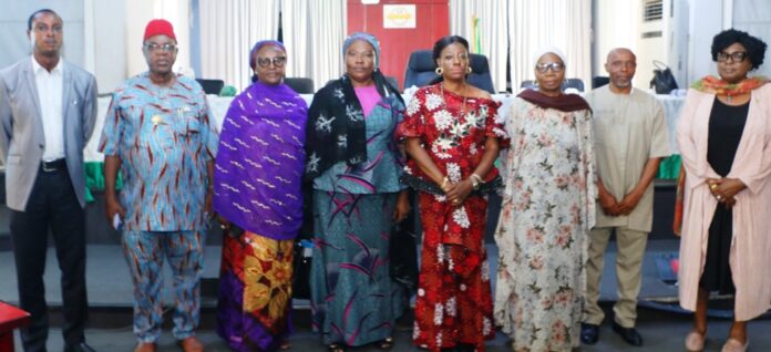 L-R: Mr. Udoidiong Victor (Resource Person) Director (Human Resource Management) Chief Iche Kalu; Director (Reforms), Mrs. Maryam Dalhatu Abdulmalik; Director Operations (SERVICOM), Dr. Jumai Abdullahi; Director (General Services), Mrs. Edemanya Ibilola Brayila; Director (Police Inspectorate), Mary Akpan; Mr. Udum Isioma (Resource Person) Director (Planning Research and Statistics), Mrs. Margaret Azeez and participants during the Sensitization Workshop on Effective Service Delivery, Organised by the Federal Ministry of Police Affairs for Officers on Grade Level 07-14, at the SGF Conference room, Abuja