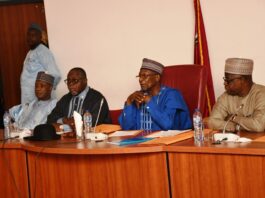 The Adhoc Committee on NNS Aradu led by Senator Yahaya Abdullahi (M) and his members during a meeting with the Defence Minister, Maj. Gen. Bashir Salihi Magashi in the Senate Building, National Assembly, Abuja