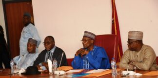 The Adhoc Committee on NNS Aradu led by Senator Yahaya Abdullahi (M) and his members during a meeting with the Defence Minister, Maj. Gen. Bashir Salihi Magashi in the Senate Building, National Assembly, Abuja