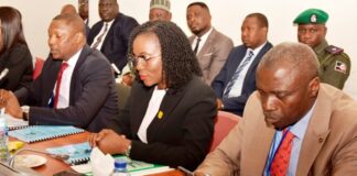 Honourable Attorney General of the Federation and Minister of Justice, Abubakar Malami SAN,CON, presenting 2023 Budget Proposal to the Senate Committee on Judiciary, Human Rights and Legal Matters, Solicitor General of Federation and Permanent Secretary, Beatrice Jedy- Agba, OON, mni, Director Finance and Account, Joshua Luka