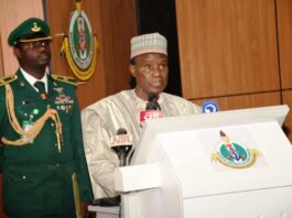 The Minister of Defence, Maj. Gen. Bashir Salihi Magashi giving his speech at the inauguration of Course 31 of the National Defence College, held in Abuja.