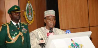The Minister of Defence, Maj. Gen. Bashir Salihi Magashi giving his speech at the inauguration of Course 31 of the National Defence College, held in Abuja.