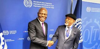 L-R; Honourable Minister of Labour and Employment, Dr Chris Ngige with Director General of International Labour Organization (ILO), Gilbert Houngbo, during the presentation of two Conventions, ratified by Nigeria, to the Governing Body of the ILO, Geneva