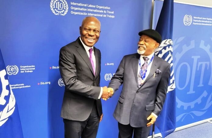 Honourable Minister of Labour and Employment, Dr Chris Ngige L-R; Honourable Minister of Labour and Employment, Dr Chris Ngige with Director General of International Labour Organization (ILO), Gilbert Houngbo, during the presentation of two Conventions, ratified by Nigeria, to the Governing Body of the ILO, Geneva