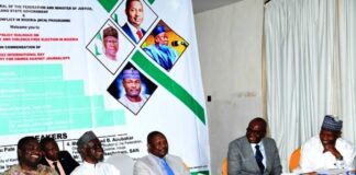 L\R VICE CHANCELLOR FEDERAL UNIVERSITY OF KASHERE, GOMBE, PROF UMARU PATE, TECHNICAL LEAD BRITISH (EU) MANAGING CONFLICT IN NIGERIA PROGRAMME, DR UKOHA UKIWO, ATTORNEY-GENERAL OF THE FEDERATION/MINISTER OF JUSTICE, ABUBAKAR MALAMI SAN, NATIONAL COMMISSIONER INEC, MOHAMMED HARUNA, SPECIAL ADVISER TO THE PRESIDENT ON MEDIA AND PUBLICITY FEMI ADESINA AT THE POLICY DIALOGUE ON 2022 INTERNATIONAL DAY TO END IMPUNITY FOR CRIMES AGAINST JOURNALIST, TUESDAY 2ND NOVEMBER, 2022.