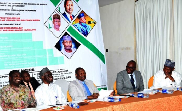 PIX 1 L\R VICE CHANCELLOR FEDERAL UNIVERSITY OF KASHERE, GOMBE, PROF UMARU PATE, TECHNICAL LEAD BRITISH (EU) MANAGING CONFLICT IN NIGERIA PROGRAMME, DR UKOHA UKIWO, ATTORNEY-GENERAL OF THE FEDERATION/MINISTER OF JUSTICE, ABUBAKAR MALAMI SAN, NATIONAL COMMISSIONER INEC, MOHAMMED HARUNA, SPECIAL ADVISER TO THE PRESIDENT ON MEDIA AND PUBLICITY FEMI ADESINA AT THE POLICY DIALOGUE ON 2022 INTERNATIONAL DAY TO END IMPUNITY FOR CRIMES AGAINST JOURNALIST, TUESDAY 2ND NOVEMBER, 2022.