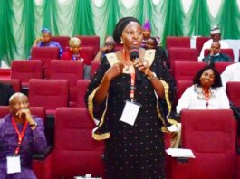 Permanent Secretary, Federal Ministry of Labour and Employment, Kachollom S. Daju, mini, addressing the participants at a Retreat organised for the Management and Leadership of the Ministry and its Agencies at the National Institute for Policy and Strategic Studies (NIPSS), Kuru, Plateau State