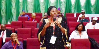Permanent Secretary, Federal Ministry of Labour and Employment, Kachollom S. Daju, mini, addressing the participants at a Retreat organised for the Management and Leadership of the Ministry and its Agencies at the National Institute for Policy and Strategic Studies (NIPSS), Kuru, Plateau State