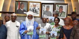 3rd from the left, The Chairman, Niger State Council of Traditional Rulers, His Royal Highness, Alhaji Yahaya Abubakar, Hon Minister of Agriculture and Rural Development, Dr. Mohammad Mahmood Abubakar and the Representative of the Permanent Secretary, Director, Human Resources Management, Mrs Oluwatoyin Alade and other Stakeholders during the launching of NAITS