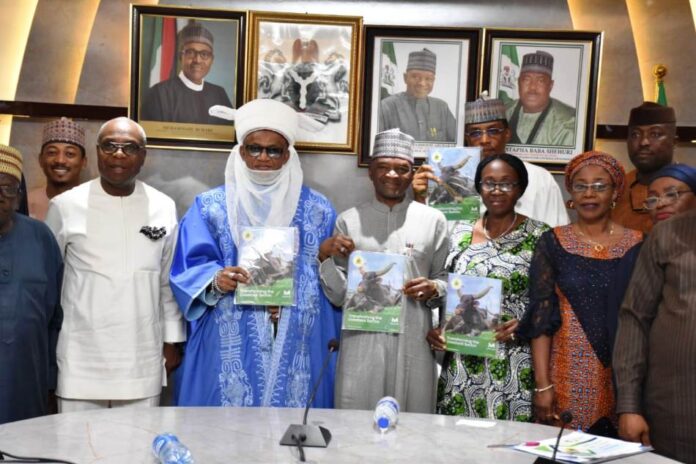 launching of NAITS 3rd from the left, The Chairman, Niger State Council of Traditional Rulers, His Royal Highness, Alhaji Yahaya Abubakar, Hon Minister of Agriculture and Rural Development, Dr. Mohammad Mahmood Abubakar and the Representative of the Permanent Secretary, Director, Human Resources Management, Mrs Oluwatoyin Alade and other Stakeholders during the launching of NAITS