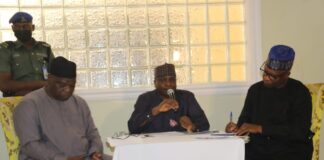 Malam Shehu Ibrahim, mni EPO Permanent Secretary (Middle); Mr Haruna Bello, Director Drought Desertification and Coastal Zones Management (Left); and Mr Yakubu Habu, Director Special Duties (Right) during the Media Interactive Session