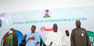 Permanent Secretary (Information), Mrs. Lydia Shehu Jafiya'Minister of Information and Culture, Alhaji Lai Muhammad, Minister of Police Affairs, Dr. Muhammad Maigari Dingyadi and Permanent Secretary (Police Affairs) Mr. Abel Ademuyiwa Enitan during the ‘PMB Administration Scorecard Series (2015-2023)’ anchored by the Federal Ministry of Information and Culture at the National Press Centre, Abuja.