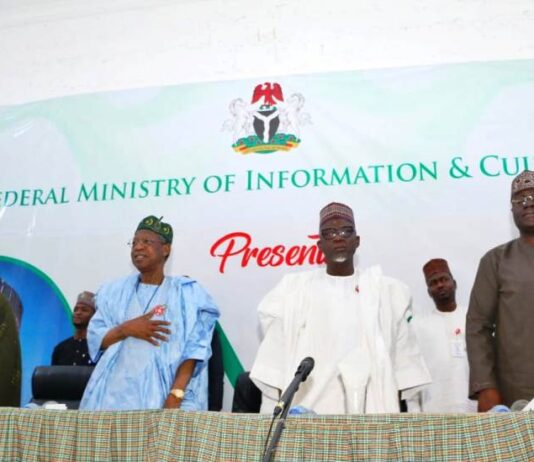 Permanent Secretary (Information), Mrs. Lydia Shehu Jafiya'Minister of Information and Culture, Alhaji Lai Muhammad, Minister of Police Affairs, Dr. Muhammad Maigari Dingyadi and Permanent Secretary (Police Affairs) Mr. Abel Ademuyiwa Enitan during the ‘PMB Administration Scorecard Series (2015-2023)’ anchored by the Federal Ministry of Information and Culture at the National Press Centre, Abuja.