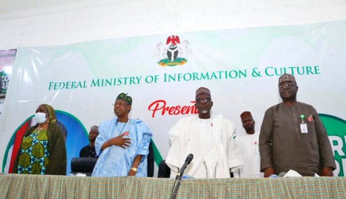 Permanent Secretary (Information), Mrs. Lydia Shehu Jafiya'Minister of Information and Culture, Alhaji Lai Muhammad, Minister of Police Affairs, Dr. Muhammad Maigari Dingyadi and Permanent Secretary (Police Affairs) Mr. Abel Ademuyiwa Enitan during the ‘PMB Administration Scorecard Series (2015-2023)’ anchored by the Federal Ministry of Information and Culture at the National Press Centre, Abuja.