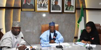 From L- R, The Deputy Governor of Borno State, Alhaji Umar Kadafur, Minister of Agriculture and Rural Development, Dr. Mohammad Mahmood Abubakar and Minister of Humanitarian Affairs, Disaster and Social Management, Haija Sadiya Umar Farouq, during the inauguration in Abuja.