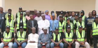 Permanent Secretary, EPO, Malam Ibrahim Shehu, mni (3rd R); Director, Drought Desertification and Coastal Zones Management, Mr Haruna Bello (2nd R); Director I, Pollution Control, Mr Simon Tyungu (1st R); Provost, Anti-Corruption Academy of Nigeria, Prof. Tunde Babatunde (M); Chairman, Keffi LGA, Muhammad Baba (3rd L); Director, Soil Erosion & Flood Control, Mr Ibrahim Takuma (2nd L); Director, special Duties, Mr Yakubu Habu (1st L) and others during the project inspection at Anti-Corruption Academy of Nigeria complex at Keffi, Nasarawa State.