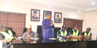 Permanent Secretary EPO, Malam Shehu Ibrahim, mni (3rd R); Director, Pollution Control, Mr Clinton Igwe (2nd R); Director, Special Duties, Mr Yakubu Habu (1st R); Chief Medical Director, Lagos University Teaching Hospital, Prof. Chris Bode (3rd L); Provost, Lagos University Teaching Hospital, Prof. Osaretin Ebuehi (2nd L); and Director, Soil Erosion and Flood Control, Mr Abubakar Takuma (1st L) during the EPO inspection of LUTH Sewage facility