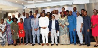 Hon. Minister of Labour and Employment, Dr Chris Ngige OON (6th right); Hon. Minister of State, Labour and Employment, Festus Keyamo SAN (7th right) and The Permanent Secretary, Federal Ministry of Labour and Employment, Kachollom Daju mni (5th right); Director, Legal, Regulatory and Taxation, NECA, Thompson Akpabio (6th left); Assistance General Secretary, NLC, Onyeka Chris (5th left) Oil Producers Trade Section, Dr Steve Ojeh (4th right), Director, Trade Union, Services and Industrial Relations, Federal Ministry of Labour, Emmanuel Igbinosun (3rd right) with other stakeholders during a Stakeholders Meeting for the Review of Guidelines on Labour Administration: Issues in Contract Staffing/ Outsourcing in the Oil and Gas Sector, Lagos