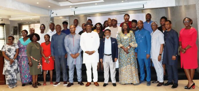 Stakeholders Meeting for the Review of Guidelines on Labour Administration Hon. Minister of Labour and Employment, Dr Chris Ngige OON (6th right); Hon. Minister of State, Labour and Employment, Festus Keyamo SAN (7th right) and The Permanent Secretary, Federal Ministry of Labour and Employment, Kachollom Daju mni (5th right); Director, Legal, Regulatory and Taxation, NECA, Thompson Akpabio (6th left); Assistance General Secretary, NLC, Onyeka Chris (5th left) Oil Producers Trade Section, Dr Steve Ojeh (4th right), Director, Trade Union, Services and Industrial Relations, Federal Ministry of Labour, Emmanuel Igbinosun (3rd right) with other stakeholders during a Stakeholders Meeting for the Review of Guidelines on Labour Administration: Issues in Contract Staffing/ Outsourcing in the Oil and Gas Sector, Lagos