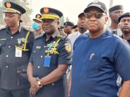 The Permanent Secretary Ministry of Interior, Dr Shuaib M Belgore, Controller General Federal Fire Service, Engr Jaji Olola Abdulganyu,and DCG T Agunloye during the inspection tour of the project at the Federal Fire Acedemy, Sheda
