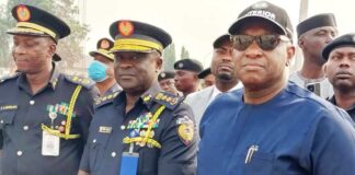 The Permanent Secretary Ministry of Interior, Dr Shuaib M Belgore, Controller General Federal Fire Service, Engr Jaji Olola Abdulganyu,and DCG T Agunloye during the inspection tour of the project at the Federal Fire Acedemy, Sheda