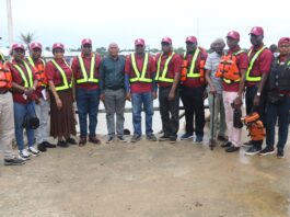 Perm Sec EPO, Malam Shehu Ibrahim, mni (m) and his team during the inspection of shoreline protection and reclamation works in Emadike, Bayelsa State