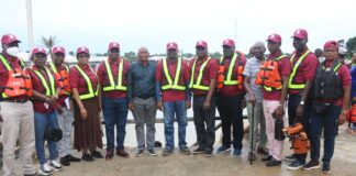 Perm Sec EPO, Malam Shehu Ibrahim, mni (m) and his team during the inspection of shoreline protection and reclamation works in Emadike, Bayelsa State