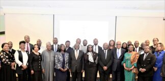 4TH FROM RIGHT, CHAIRMAN, NATIONAL ARBITRATION POLICY COMMITTEE, DR. OLISA AGBAKOBA, SAN, JUSTICE FAJI OLAYINKA, MRS. FUNMI ROBERT, FOUNDER AND PRINCIPAL PARTNER AT FR & CO, REPRESENTATIVE OF SGF/PS, FEDERAL MINISTRY OF JUSTICE, SA TO MR RESIDENT ON FINANCIAL CRIME/SECRETARY, ACJMC, ABIODUN AIKOMO, INDEPENDENT ARBITRATOR, FUNKE ADEKOYA, CO–CHAIRMAN, NETWORK OF JUSTICE SECTOR REFORM TEAMS, PROF. TABIU MOHAMMED, AND MEMBERS OF THE COMMITTEE IN A GROUP PHOTOGRAPH WITH ARBITRATION COMMUNITY DURING THE CONSULTATIVE ENGAGEMENT ON THE DRAFT NATIONAL ARBITRATION POLICY, AT SHERATON HOTEL, IKEJA LAGOS STATE, HOLDING FROM TUESDAY 21ST - WEDNESDAY 22ND MARCH, 2023.