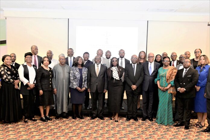 National Arbitration Policy2 4TH FROM RIGHT, CHAIRMAN, NATIONAL ARBITRATION POLICY COMMITTEE, DR. OLISA AGBAKOBA, SAN, JUSTICE FAJI OLAYINKA, MRS. FUNMI ROBERT, FOUNDER AND PRINCIPAL PARTNER AT FR & CO, REPRESENTATIVE OF SGF/PS, FEDERAL MINISTRY OF JUSTICE, SA TO MR RESIDENT ON FINANCIAL CRIME/SECRETARY, ACJMC, ABIODUN AIKOMO, INDEPENDENT ARBITRATOR, FUNKE ADEKOYA, CO–CHAIRMAN, NETWORK OF JUSTICE SECTOR REFORM TEAMS, PROF. TABIU MOHAMMED, AND MEMBERS OF THE COMMITTEE IN A GROUP PHOTOGRAPH WITH ARBITRATION COMMUNITY DURING THE CONSULTATIVE ENGAGEMENT ON THE DRAFT NATIONAL ARBITRATION POLICY, AT SHERATON HOTEL, IKEJA LAGOS STATE, HOLDING FROM TUESDAY 21ST - WEDNESDAY 22ND MARCH, 2023.