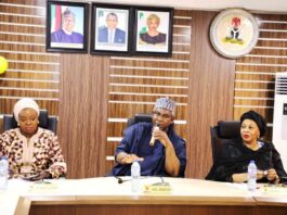The Honourable Minister, Federal Ministry of Mines and Steel Development, Arc Olamilekan Adegbite (M), flanked by the Honourable Minister of State, Mines and Steel Development Sen. Gbemisola Saraki (R) and the Permanent Secretary, Mines and Steel Development Dr Oluwatoyin Akinlade (L), while giving his welcome address during the visit of the members of Study Group 1, Senior Executive Course 45 ,2023 of National Institute For Policy and Strategic Studies NIPSS, Kuru Jos to the Ministry in Abuja.