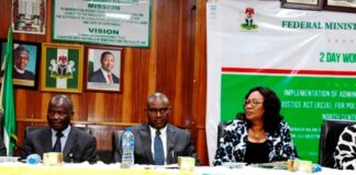 FROM LEFT; DIR. SOLICITOR DEPARTMENT, FMOJ, MRS. GLADYS ODEGBARO, COMMISSIONER OF POLICE, OCHOGWU OGBAH, DIR. PUBLIC PROSECUTION OF THE FEDERATION, FMOJ, MOHAMMED ABUBAKAR BABADOKO ESQ, DIR. ADMINISTRATION OF CRIMINAL JUSTICE REFORM DEPARTMENT, FMOJ, LETICIA AYOOLA – DANIELS AND DEPUTY DIR. LEGAL, NATIONAL HUMAN RIGHTS COMMISSION. AT A WORKSHOP ON THE IMPLEMENTATION OF ADMINISTRATION OF CRIMINAL JUSTICE ACT. (ACJA), FOR POLICE PROSECUTORS IN THE NORTH CENTRAL ZONE , 3RD MAY, 2023 AT OLUSEGUN OBASANJO AUDITORIUM, FEDERAL MINISTRY OF JUSTICE, ABUJA.
