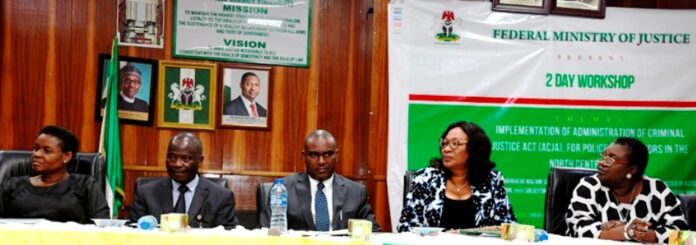 ADMINISTRATION OF CRIMINAL JUSTICE ACT1 FROM LEFT; DIR. SOLICITOR DEPARTMENT, FMOJ, MRS. GLADYS ODEGBARO, COMMISSIONER OF POLICE, OCHOGWU OGBAH, DIR. PUBLIC PROSECUTION OF THE FEDERATION, FMOJ, MOHAMMED ABUBAKAR BABADOKO ESQ, DIR. ADMINISTRATION OF CRIMINAL JUSTICE REFORM DEPARTMENT, FMOJ, LETICIA AYOOLA – DANIELS AND DEPUTY DIR. LEGAL, NATIONAL HUMAN RIGHTS COMMISSION. AT A WORKSHOP ON THE IMPLEMENTATION OF ADMINISTRATION OF CRIMINAL JUSTICE ACT. (ACJA), FOR POLICE PROSECUTORS IN THE NORTH CENTRAL ZONE , 3RD MAY, 2023 AT OLUSEGUN OBASANJO AUDITORIUM, FEDERAL MINISTRY OF JUSTICE, ABUJA.