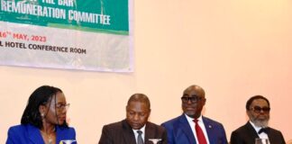 2ND LEFT, HON. ATTORNEY GENERAL OF THE FEDERATION AND MINISTER OF JUSTICE, ABUBAKAR MALAMI SAN, CON NBA. PRESIDENT, YAKUBU MAIKYAU, HON. ATTORNEY GENERAL AND COMMISSIONER OF LAGOS STATE, MOYOSORE ONIGBANJO, RIGHT, SGF/PS, FEDERAL MINISTRY OF JUSTICE, BEATRICE JEDY-AGBA, OON, mni AT THE LEGAL PRACTITIONERS REMUNERATION COMMITTEE AND GENERAL COUNCIL OF THE BAR MEETING, MONDAY 15TH MAY, 2023 AT ABUJA CONTINENTAL HOTEL.