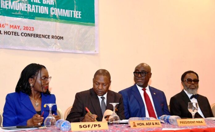 GENERAL COUNCIL OF THE BAR MEETING1 2ND LEFT, HON. ATTORNEY GENERAL OF THE FEDERATION AND MINISTER OF JUSTICE, ABUBAKAR MALAMI SAN, CON NBA. PRESIDENT, YAKUBU MAIKYAU, HON. ATTORNEY GENERAL AND COMMISSIONER OF LAGOS STATE, MOYOSORE ONIGBANJO, RIGHT, SGF/PS, FEDERAL MINISTRY OF JUSTICE, BEATRICE JEDY-AGBA, OON, mni AT THE LEGAL PRACTITIONERS REMUNERATION COMMITTEE AND GENERAL COUNCIL OF THE BAR MEETING, MONDAY 15TH MAY, 2023 AT ABUJA CONTINENTAL HOTEL.