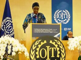 Permanent Secretary, Federal Ministry of Labour and Employment, Kachollom Daju, mni, addressing the 111th Session of the International Labour Conference (ILC) of the International Labour Organization (ILO), Geneva, Switzerland
