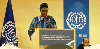 Permanent Secretary, Federal Ministry of Labour and Employment, Kachollom Daju, mni, addressing the 111th Session of the International Labour Conference (ILC) of the International Labour Organization (ILO), Geneva, Switzerland