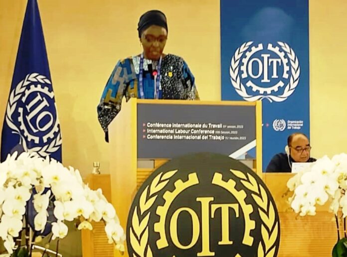 Permanent Secretary - Kachollom Daju Permanent Secretary, Federal Ministry of Labour and Employment, Kachollom Daju, mni, addressing the 111th Session of the International Labour Conference (ILC) of the International Labour Organization (ILO), Geneva, Switzerland