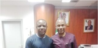 L-R. Permanent Secretary Ministry of Petroleum Resources, Ambassador Gabriel Tanimu Aduda with Permanent Secretary Ministry of Aviation and Aerospace, Dr. Emmanuel Meribole