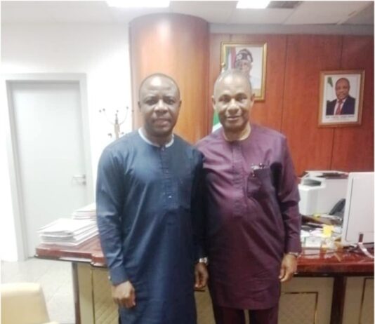 L-R. Permanent Secretary Ministry of Petroleum Resources, Ambassador Gabriel Tanimu Aduda with Permanent Secretary Ministry of Aviation and Aerospace, Dr. Emmanuel Meribole