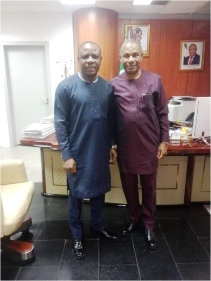 Aviation and Petroleum Resources L-R. Permanent Secretary Ministry of Petroleum Resources, Ambassador Gabriel Tanimu Aduda with Permanent Secretary Ministry of Aviation and Aerospace, Dr. Emmanuel Meribole