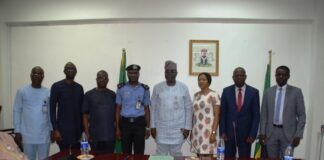 L-R: Mr. Williams I.M ICRC), Mr. Okolo Akwu, Deputy Director,(ICRC); Mr. Steven Ehikhamenor, Director (SGF office); DCP Ayodele R. Adeyemi (NPF); Permanent Secretary, Mr. Abel Olumuyiwa Enitan; Eneh Ijeoma Judith, (Federal Ministry of Justice); Mr. David Awotunde, Director, Police Service Department (PSD) and Mr. Oni Kayode A. Assistant Director, (ONSA) during the inauguration of the Project Management Team (PMT) of the National Public Security Communication System (NPSCS) Network at the Ministry of Police Headquarters in Abuja.