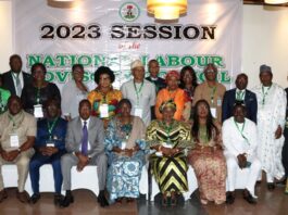 Sitting: Permanent Secretary, Federal Ministry of Labour and Employment (FML&E), Kachollom Daju, mni (middle); Retired Permanent Secretary, Federal Ministry of Labour, Dr Peter Tarfa (3rd left); Director, Productivity Measurement, FML&E, Juliana Adebambo (3rd right); Director General Nigeria Employers Consultative Association, Adewale Smarth (2nd left); Representative of ILO, Chinyere Emeka-Anuna (2nd right); NLC Representative, Comrade Titus Amber (left); TUC Representative, Comrade (Dr) Tommy Etim (right) and other Council members at the 2023 meeting of the National Labour Advisory Council (NLAC), Uyo, Akwa Ibom State