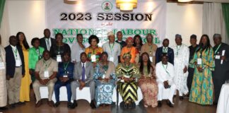 Sitting: Permanent Secretary, Federal Ministry of Labour and Employment (FML&E), Kachollom Daju, mni (middle); Retired Permanent Secretary, Federal Ministry of Labour, Dr Peter Tarfa (3rd left); Director, Productivity Measurement, FML&E, Juliana Adebambo (3rd right); Director General Nigeria Employers Consultative Association, Adewale Smarth (2nd left); Representative of ILO, Chinyere Emeka-Anuna (2nd right); NLC Representative, Comrade Titus Amber (left); TUC Representative, Comrade (Dr) Tommy Etim (right) and other Council members at the 2023 meeting of the National Labour Advisory Council (NLAC), Uyo, Akwa Ibom State