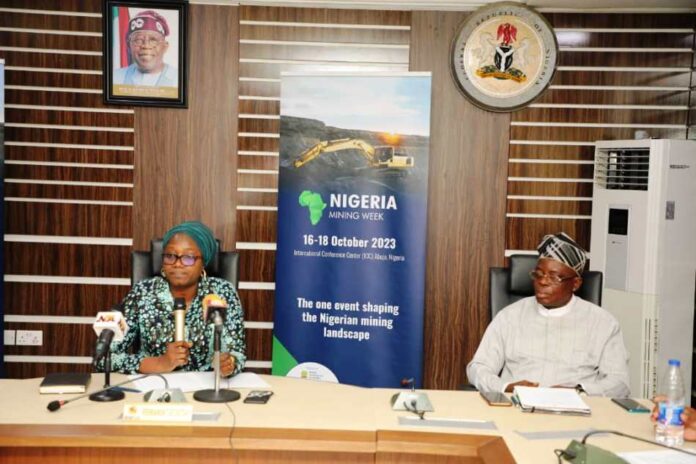 8th Edition of the Nigeria Mining Week L-R: The Permanent Secretary Ministry of Mines and Steel Devpt.; Dr. Mary Ogbe, with the President, Miners Association of Nigeria, Dele Ayanleke, during the 1st Pre-event Press Briefing organized to announce the upcoming 8th Edition of the Nigeria Mining Week held at the Ministry's Headquarters in Abuja. The Nigeria Mining Week is scheduled to hold between 16-18 October 2023.