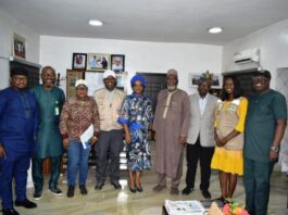 The Permanent Secretary, Lagos State Ministry of Agriculture, Mrs Ibironke Emokpae (C), Dr Abdulkareem Durosinlorun, Deputy Director,(Fourth Person from Right) FMARD, during the Courtesy Visit in Ikeja, Lagos State.